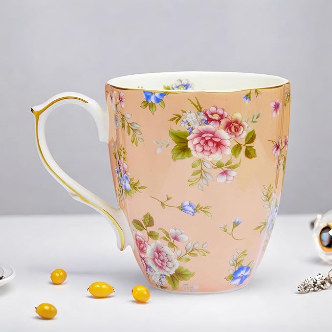 13oz Bone China Floral Mug with Gold Bone China Coffee Mugs Bone Teacup Christmas Mugs Birthday Gifts for Women Mom Friends Coworker