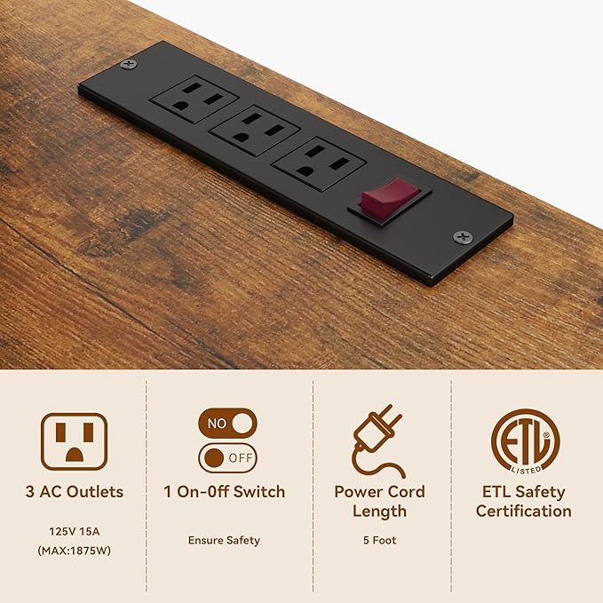 Mini Fridge Stand with Adjustable Shelf, Power Outlet & Storage, Kitchen Organizer for Microwave, Coffee Bar, Dorm, Office (Brown)