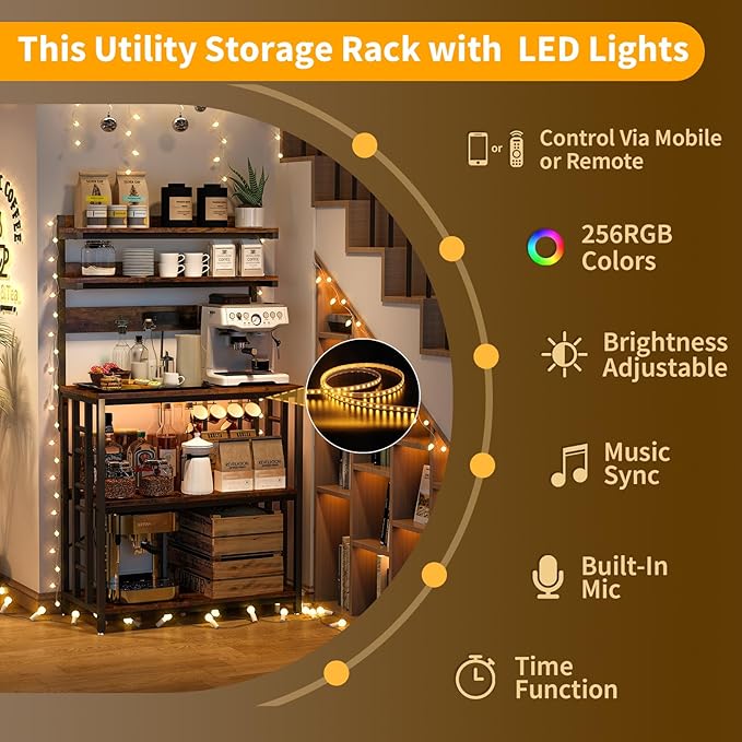 Adjustable Bakers Rack with Power Outlet,Coffee Bar Station with Led Lights,Microwave Stand with Storage,5-Tier Kitchen Shelf,Kitchen Storage Rack for Spices, Pots and Pans,Rustic Brown