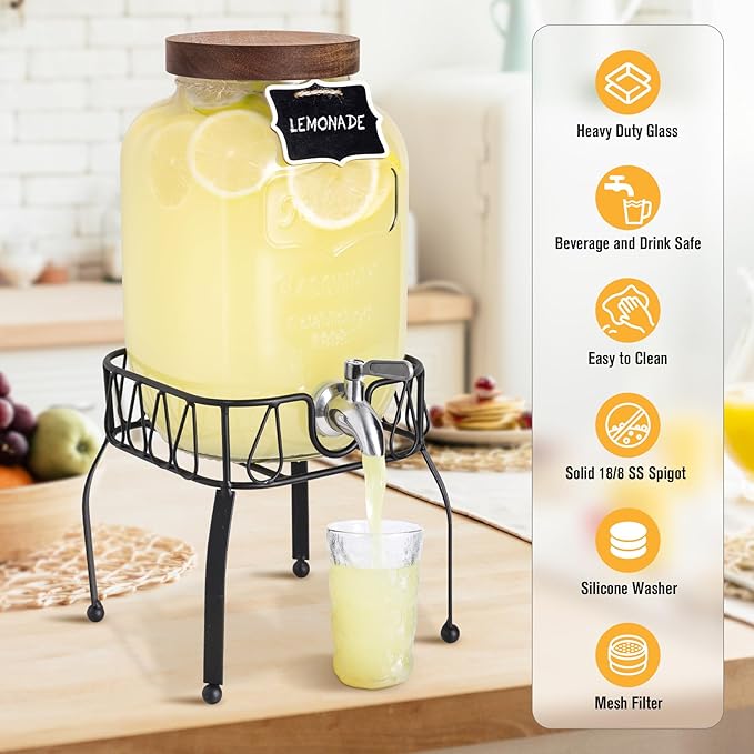 Mustry Glass Drink Dispenser for Parties, 1 Gallon Beverage Dispenser with Stand and Spigot Solid Stainless Steel, Used as Lemonade Dispenser Sun Tea Jar Kombucha Jar