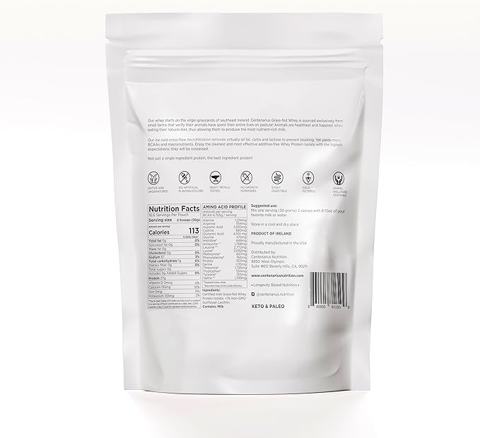 Premium Whey Protein Isolate Powder 500g Unflavored Irish Grass-Fed, 27g Protein per Serving for Muscle Growth & Recovery Non-Bloating, Gluten & Lactose Free, Clean Ingredients | Centenarius Nutrition