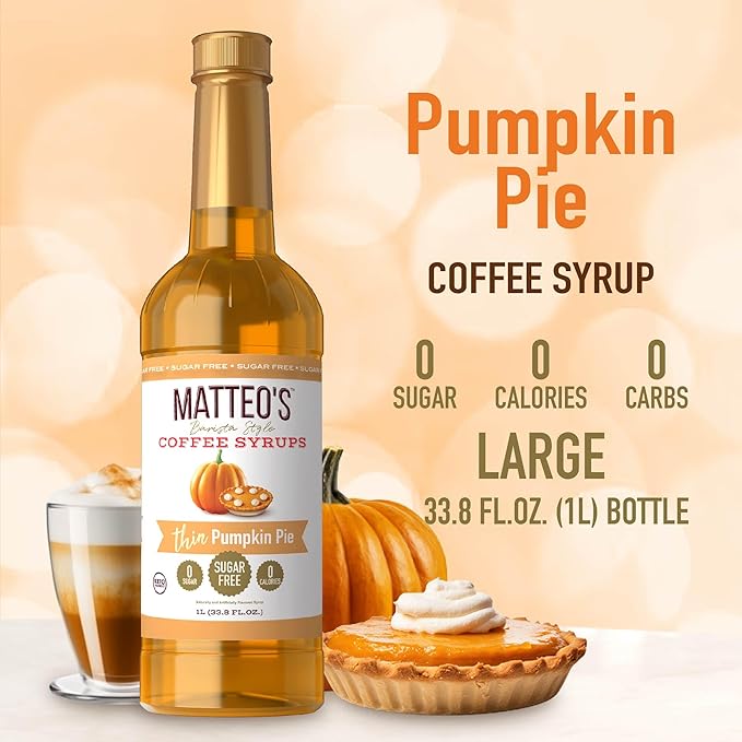 Matteo's Pumpkin Pie Syrup for Coffee, Lattes, Cappuccinos & Desserts – Sugar-Free Sweetener for Beverages, Keto Friendly, Zero Calories, Indulgent Flavor, Non-Alcoholic, 33.8oz (1pk)