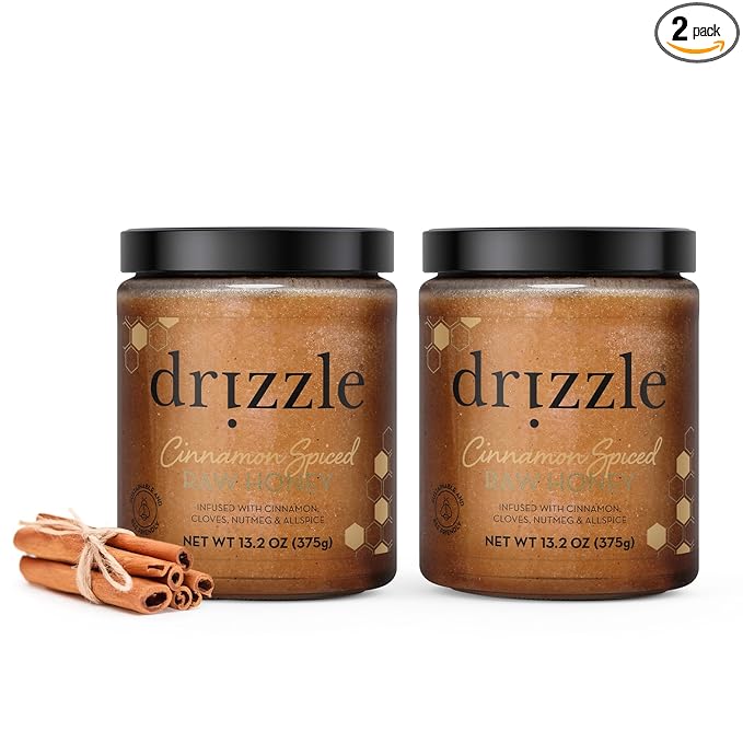 Drizzle Cinnamon Spiced Raw Honey - All Natural Pure Raw Honey with Organic Cinnamon, Unfiltered, Use in Tea & Coffee, Sugar Substitute, Certified Kosher - 13.2 oz Jar (375 g), Pack of 2