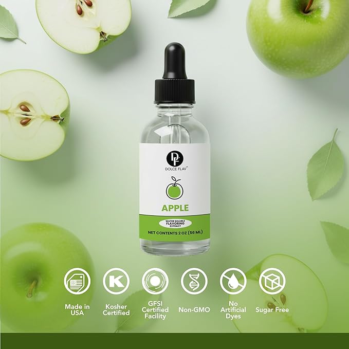 Dolce Flav Natural Apple Extract – 2 oz Water-Soluble Pure Apple Flavoring Drops for Baking, Drinks & Desserts | Highly Concentrated | Sugar Free | Allergen Free | Made in USA