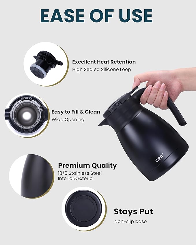 GiNT 1L / 34Oz Thermal Coffee Carafe, Insulated Stainless Steel Coffee Carafes for Keeping Hot/Double Walled Vacuum Thermal Carafe (Black)