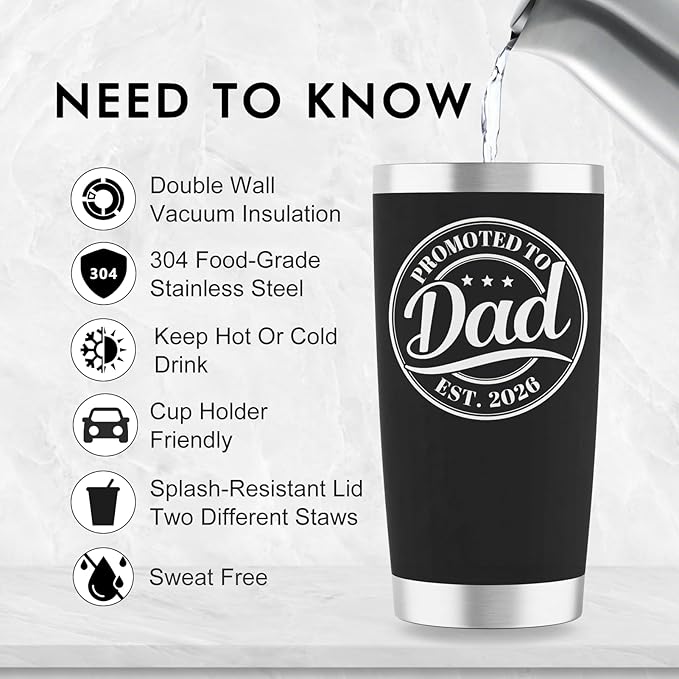 Promoted to Dad Est. 2026 Tumbler - New Dad Christmas Gifts, Gifts for First Time Father, New Father to Be, 20oz Stainless Steel Insulated Tumbler with Lid, Husband Gift from Wife, Black