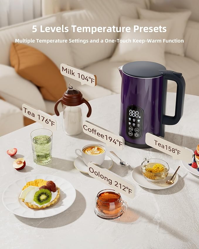 Tisania Smart Electric Kettle with Temp Control - 1.7L Cordless Kettle for Milk, Tea, Coffee, Baby Formula, 5 Presets & 2-Hour Keep Warm, Fast Boil Stainless Steel, Purple