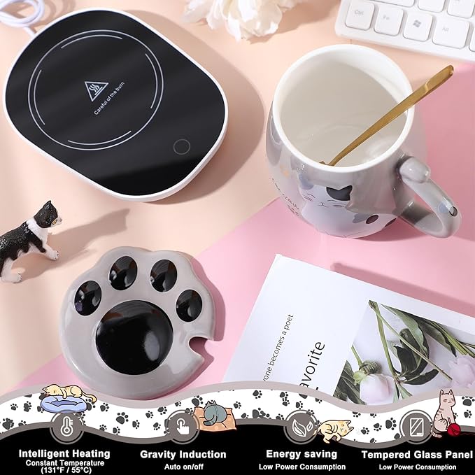 Honeydak Coffee Mug Warmer Cute Cat Mug Set Cup Warmer for Desk for Women Heated Coffee Warmer for Mom Home Office Christmas Birthday Gifts(Gray)