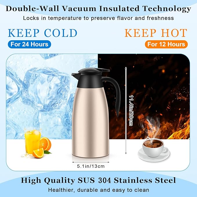 Uiifan 2 Pcs 68oz Thermal Coffee Carafe Insulated Stainless Steel Thermal Coffee Carafe Double Walled Vacuum Flask Carafes with Brushes for Keeping Tea for 12 Hours(Champaign Gold)