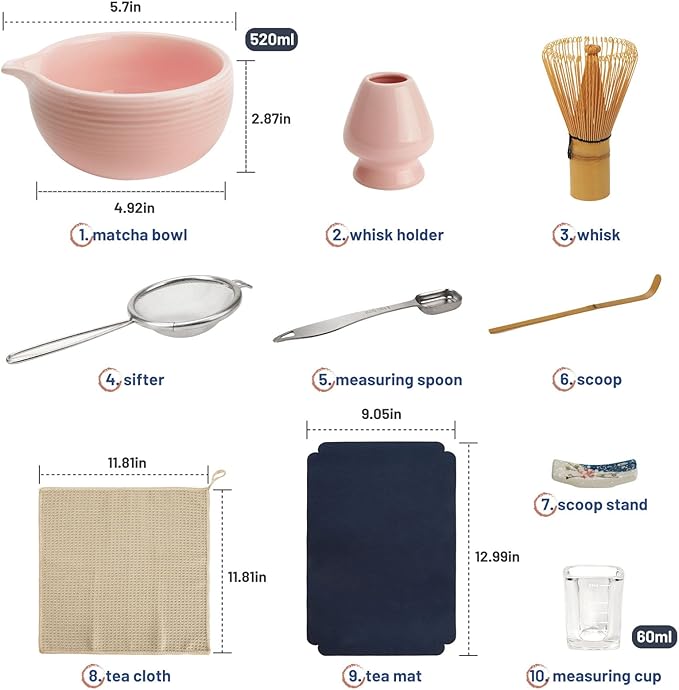 Matcha Whisk Set, Matcha Kit 10-Pcs, Bamboo Whisk and Bowl with Spout & Measuring Spoon & Cup, Japanese Matcha Tea Making Tools, Light Pink