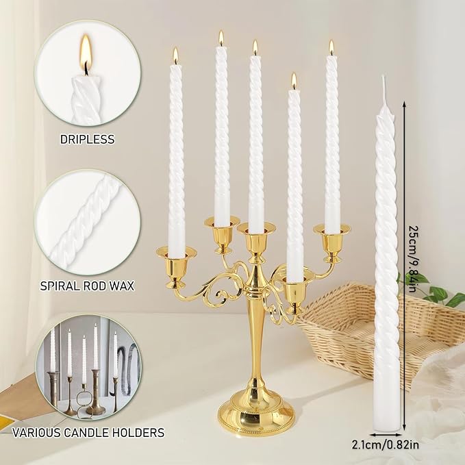 10 Inch White Spiral Taper Candle Set of 12 Pack Unscented Dripless Candlesticks for Valentine's Day,Dinner,Party,Brithday,Wedding,Christmas,and Home Decoration