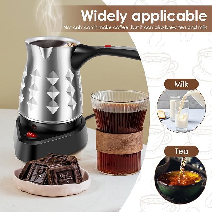 Turkish Coffee Maker, Stainless Steel 500ml Turkish Coffee Machine with Folding Handle, 5 to 6 Cups Capacity Turkish Coffee Pot, Electric Coffee Tea Warmer Kettle for Home Travel (Diamond)