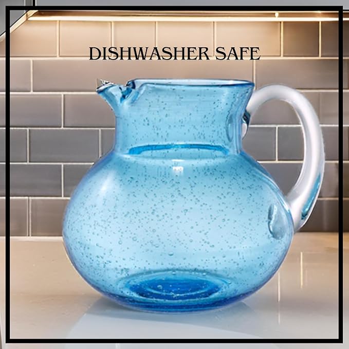 Artland Iris 90 Oz Handblown Glass Pitcher - Bubble Shape, Lead-Free - Versatile Drink Dispenser for Water, Juice, Cocktails - Enhanced Kitchen Decor, Dishwasher Safe (Turquoise)