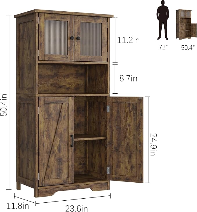 Storage Cabinets, 54 Inch Tall Hutch Bar Cabinet with Glass Doors and Adjustable Shelves, Wooden Kitchen Pantry Storage Cabinet, for Living Room,Rustic Brown