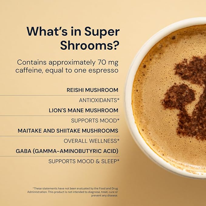 Blueprint by Bryan Johnson Super Shroom Coffee – Mushroom Coffee with Lion’s Mane, Reishi & GABA – 70mg Caffeine – Focus & Energy Coffee – Adaptogenic Coffee Alternative – 30 Servings