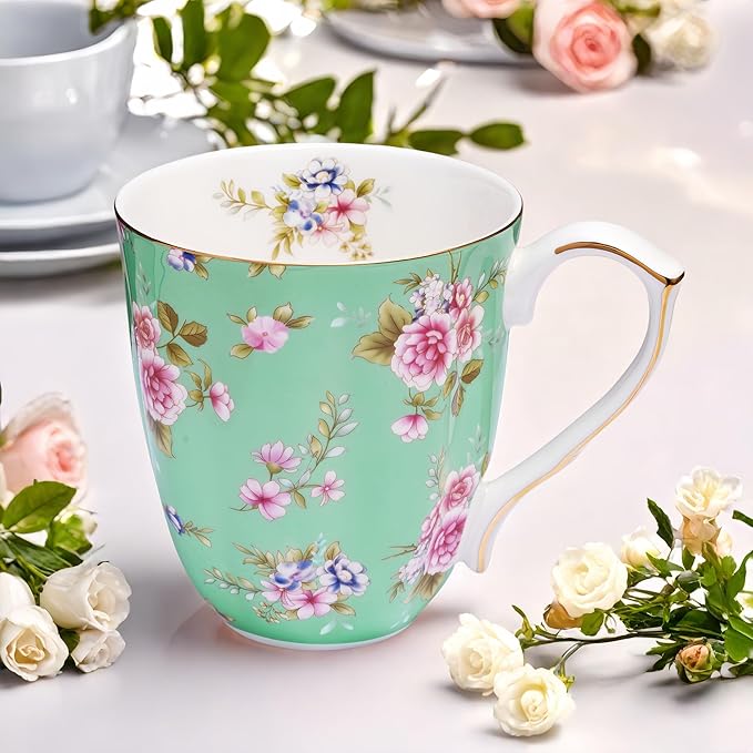 13oz Bone China Floral Mug with Gold Bone China Coffee Mugs Bone Teacup Christmas Mugs Birthday Gifts for Women Mom Friends Coworker