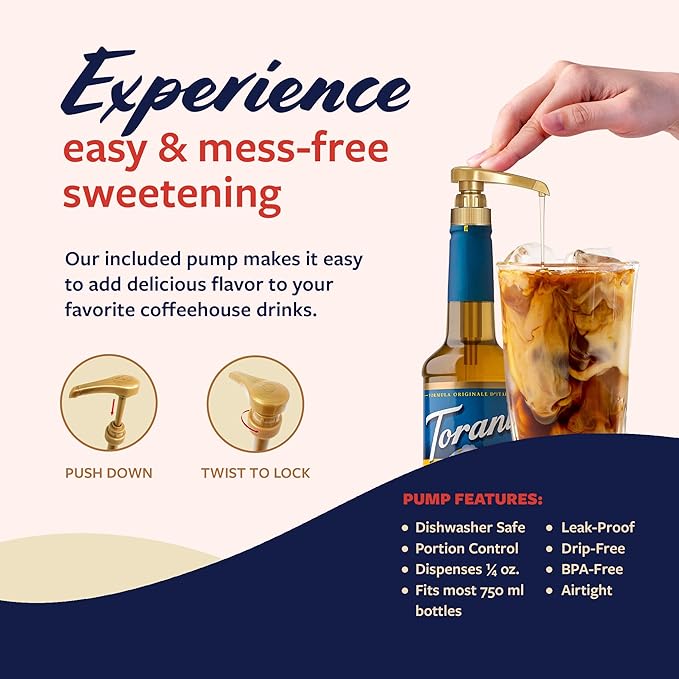 Torani Sugar Free Coffee Syrup, Vanilla Bean Flavoring for Drinks, Zero Calorie, Pump Included, 25.4 Fl Oz