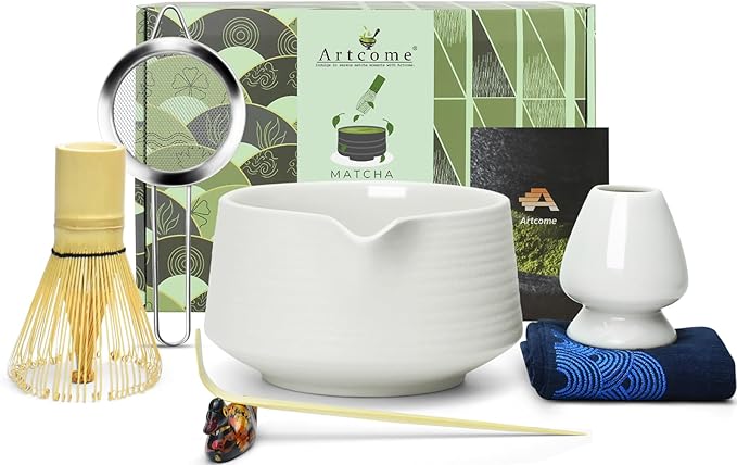 Artcome Matcha Tool Set - Complete Kit with Matcha Bowl with Spout, Bamboo Whisk, Tea Scoop, Whisk Holder, Scoop Holder, Tea Cloth & Powder Strainer, Porcelain White