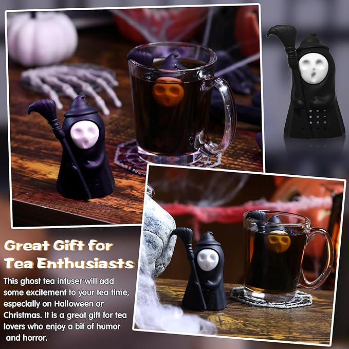 Suclain 1 Pcs Ghost Tea Infuser Christmas Gag Gift Creative Skull Shaped Strainer for Loose Leaf Tea White Elephant Gift for Holiday Party Drinking Gothic Lovers Kitchen Accessories Party Decor