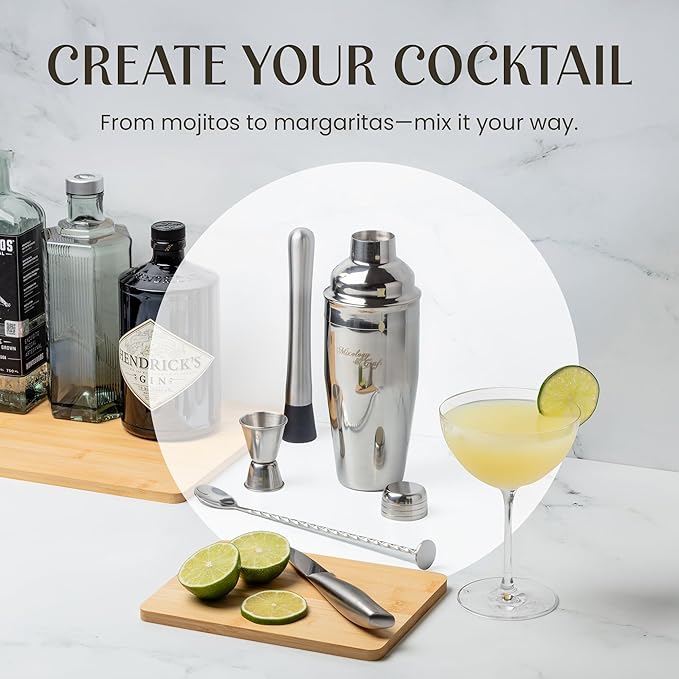 Mixology & Craft Cocktail Shaker Set - 24oz Bartender Kit with Bar Accessories, Stainless Steel Stand, Tools & Recipe Cards - Leak-Proof & Gift-Ready