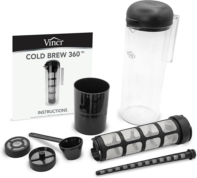 VINCI Cold Brew 360, Plastic Cold Brew Coffee Maker Featuring Patented Dual Filter 360 Brewing Technology, Cold Brew for Iced Coffee (1.4 Liter / 47 FL.OZ)