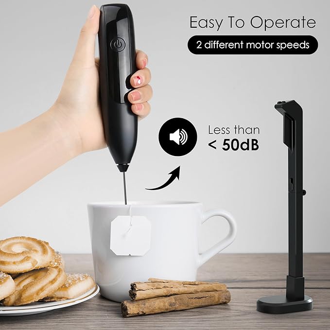 GOCHA | Electric Milk Frother Handheld - Rechargeable Coffee Frother with USB-C & 2 Speeds - Powerful RPM Latte Foam Maker for Cappuccino, Matcha, Hot Chocolate - Includes Stand & Whisk (Black)