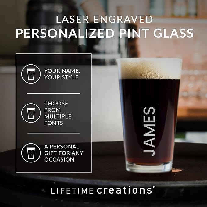 Lifetime Creations Engraved Personalized Name Pint Glass - Custom 16 oz Beer Glass Etched with Name Vertical, Made in USA