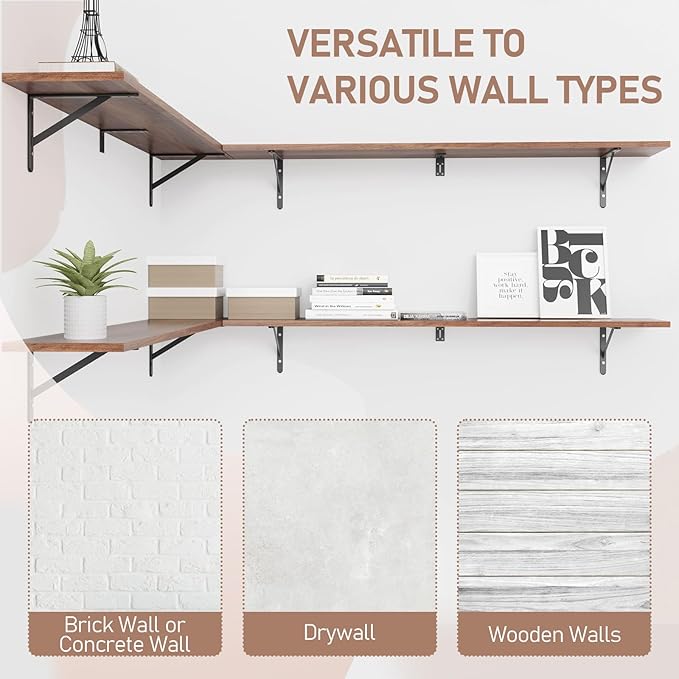Kaboon 55 inch Long 10 inch Deep Floating Shelves for Wall Set of 2, Large Open Shelves Wall Mounted, Space Saving Home and Commercial Use, Dark Walnut