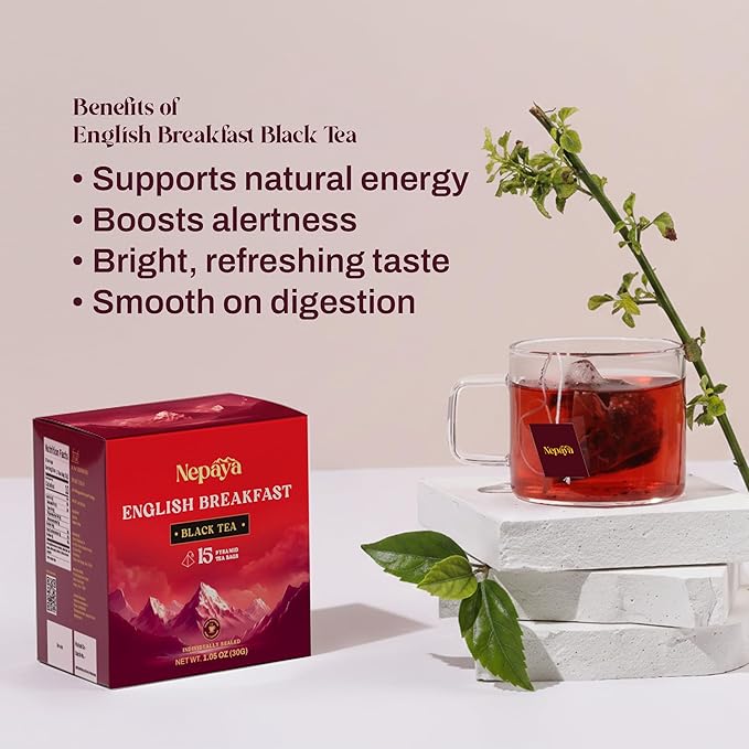 Nepaya English Breakfast Black Tea – 15 Pyramid Tea Bags, Strong & Robust, High Caffeine, Biodegradable, Himalayan Whole-Leaf Breakfast Tea