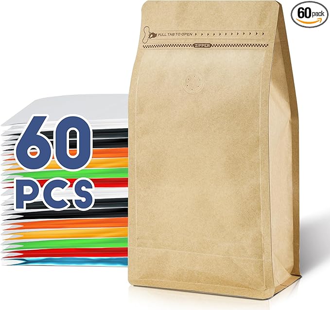 Coffee Bags with Valve(60pcs,16 oz,1 lb) Vented Coffee Beans Packaging Bags High Barrier Aluminumed Foil Flat Bottom Heat Sealed Side Zipper Resealable Storage Bag for Home or Business（Kraft Paper）