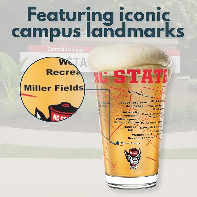 Greenline Goods – North Carolina State University Wolfpack College Pint Beer Glasses (Set of 2), 16 oz – Full-Color Logo + Campus Map
