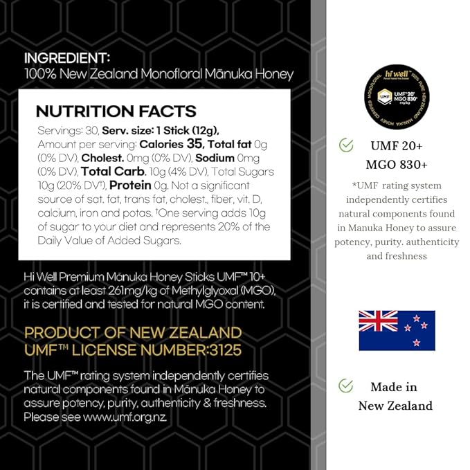 Hi Well Premium New Zealand 100% Manuka Honey | Monofloral Pure Raw Honey | UMF MGO Certified | Easy to take12g x 30 sticks | 12.6Oz(360g) (UMF 20+)