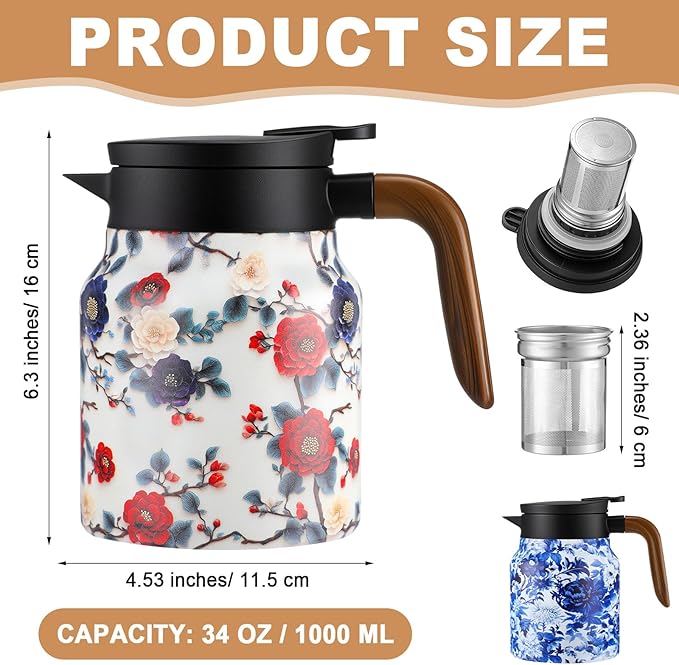 LemonRoad 2 Pcs Vintage Floral Pattern Tea Pot, Vintage Teapot with Infuser, Floral Pattern Tea Pot with Lid, Wooden Handle Thermal Carafe for Hot Drinks Coffee (White, Blue and White Porcelain)