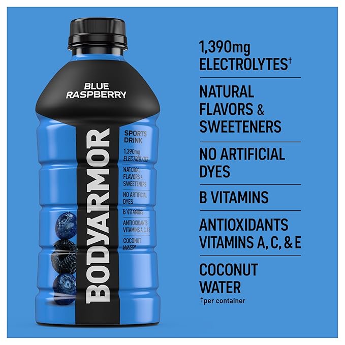 BODYARMOR Sports Drink, Blue Raspberry, Electrolyte Drink Hydration, 28 Fl Oz Bottles (15 Pack), Flavored Coconut Water with B Vitamins & Antioxidants