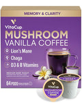 VitaCup Focus Mushroom Coffee Pods, Vanilla Flavored Coffee with Chaga, Lion’s Mane, Vitamins, Medium Dark Roast Arabica Beans, Recyclable Single Serve Pods Compatible with Keurig K-Cup Brewers, 64 Ct