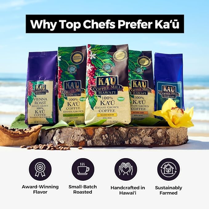 Ka'u Coffee Mill Semi-Washed Medium Dark Roast Whole Bean Coffee - Stone Fruit, Citrus, & Milk Chocolate Notes - Handpicked & Semi-Washed Hawaii Grown Arabica Beans - Gourmet Small Batch - 16oz