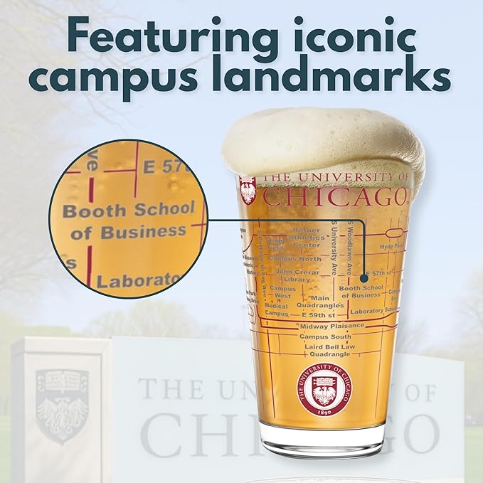 Greenline Goods – University of Chicago Maroons College Pint Beer Glasses (Set of 2), 16 oz – Full-Color Logo + Campus Map