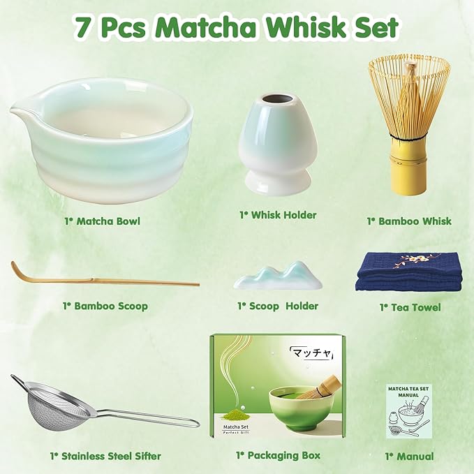 Matcha Whisk Set, 7 Pcs Ceramic Matcha Whisk Kit, Bowl with Spout, Holder, Stainless Sifter, Bamboo Scoop and Tea Towel, Gift Set for Tea Lovers