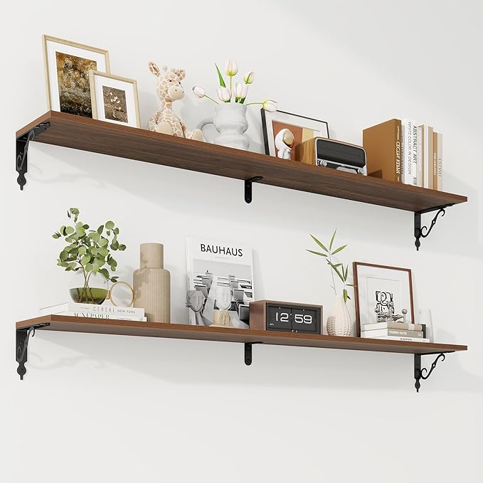 RICHFOCUS Floating Shelves for Wall Decor, 55.1W x 8D Shelves Set of 2, 8 Inch Deep Rustic Wood Shelves Wall Mounted with Brackets, Long Floating Shelves for Living Room Bedroom Kitchen, Walnut