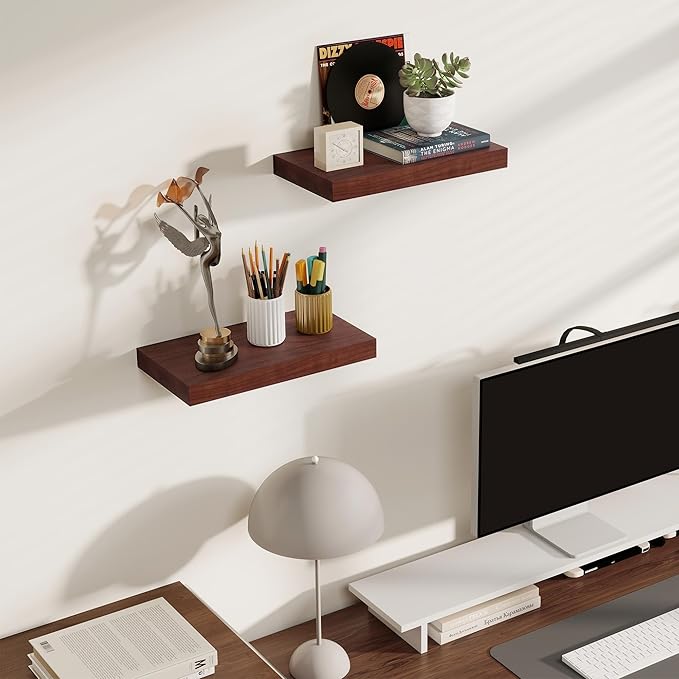 Floating Shelves for Wall, Real Wood Floating Shelf Set of 2, 8 Inch Deep Floating Shelves, Rustic Wood Wall Shelf for Home Decor, Deep Storage Shelves for Bathroom, Kitchen, 16"W x 8"D, Red Brown