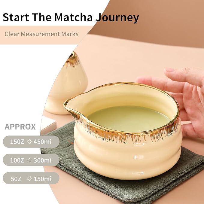 7-Piece Matcha Whisk Set – Yellow Spouted Ceramic Bowl with Golden Texture + Bamboo Whisk, Ceremonial Matcha Kit for Breakfast/Latte, Starter Tea Tools for Matcha Lovers