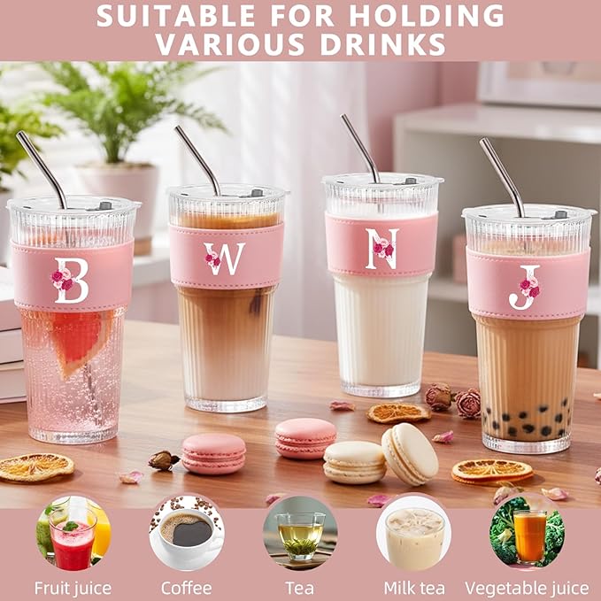 Personalized Gifts for Women,20oz Ribbed Glass Tumbler,Monogrammed Gifts for Women,Birthday Gift,Ice Coffee Mug,Christmas Gift for Mom Sister-J