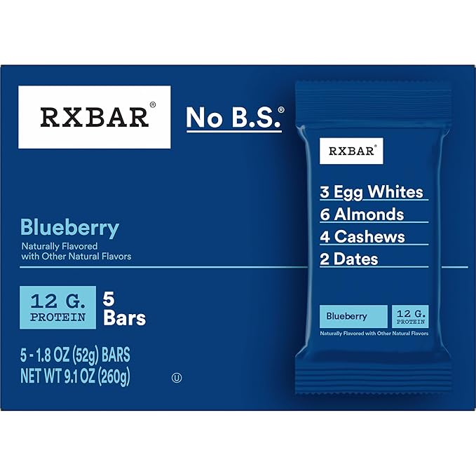 RXBAR Protein Bars, 12g Protein, Gluten Free Snacks, Blueberry (6 Boxes, 30 Bars)