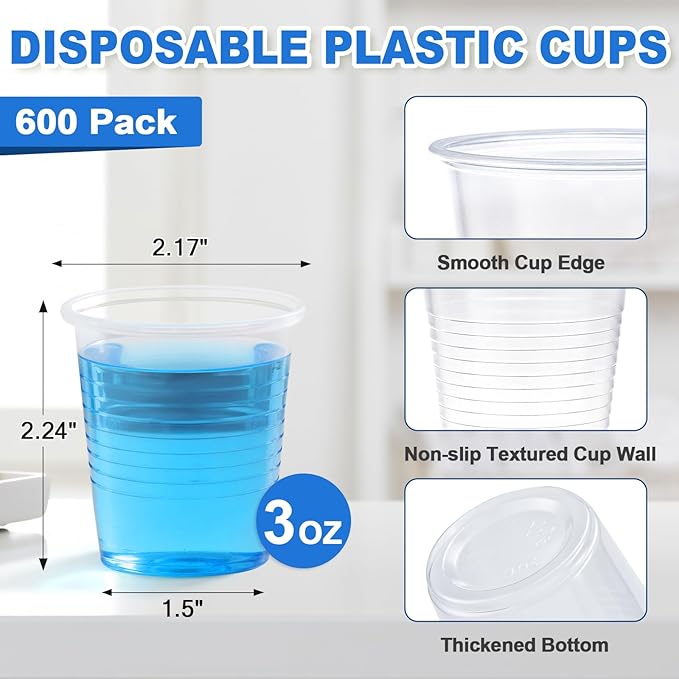 SIUQ 600 Pack 3 oz Clear Plastic Cups, Disposable Bathroom Mouthwash Cups, Small Plastic Drinking Cup for Ice Tea, Tasting, Party, Picnic, BBQ, Travel and Event