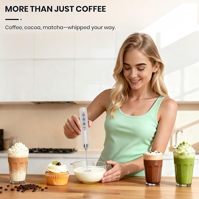 Milk Frother Handheld Rechargeable with Stand, Frother Wand Drink Mixer Electric Whisk for Coffee, Detachable With 3 Stainless Whisks, Hand Mixer for Lattes, Cappuccino, Matcha, Egg, Beige