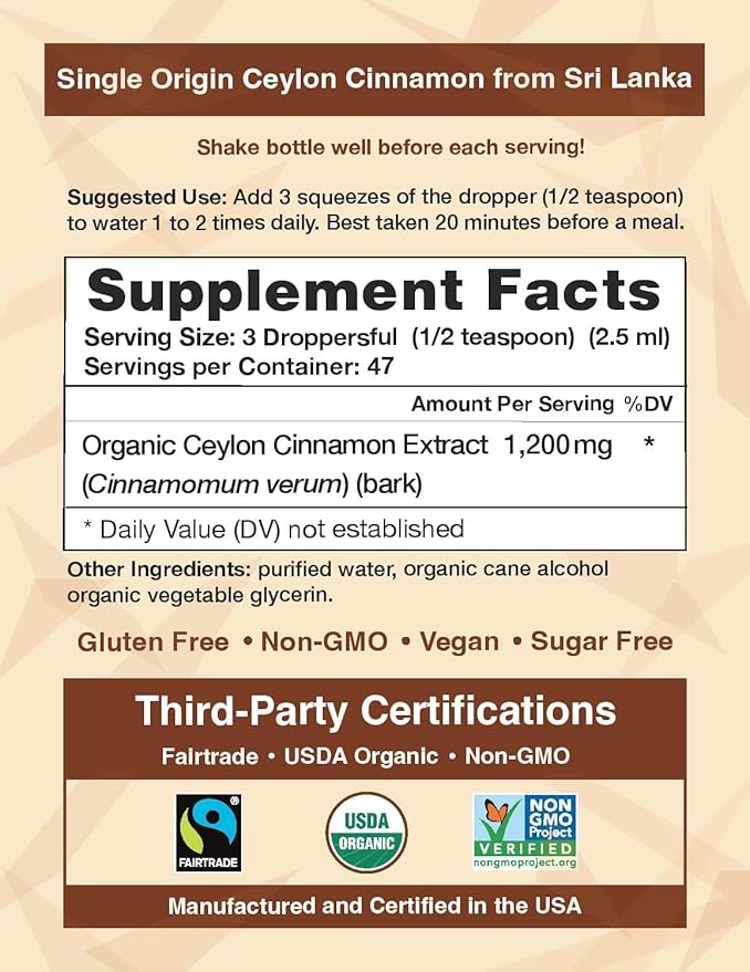 Ceylon Cinnamon Shop CinnaGold™ Organic Ceylon Cinnamon (100% Certified) Supplement, High-Potency Liquid Extract, 4 oz. – Super Antioxidant