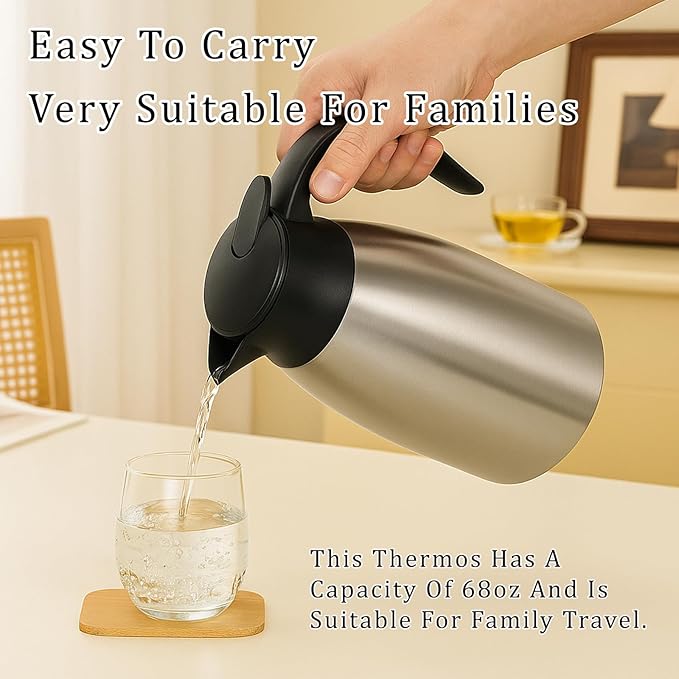 2 Pcs 68 OZ Insulated Coffee Carafe – Thermal Stainless Steel Carafe for Hot Liquids | Double Wall Coffee Thermos Dispenser with Cleaning Brushes – Keep 12H Hot & 24H Cold