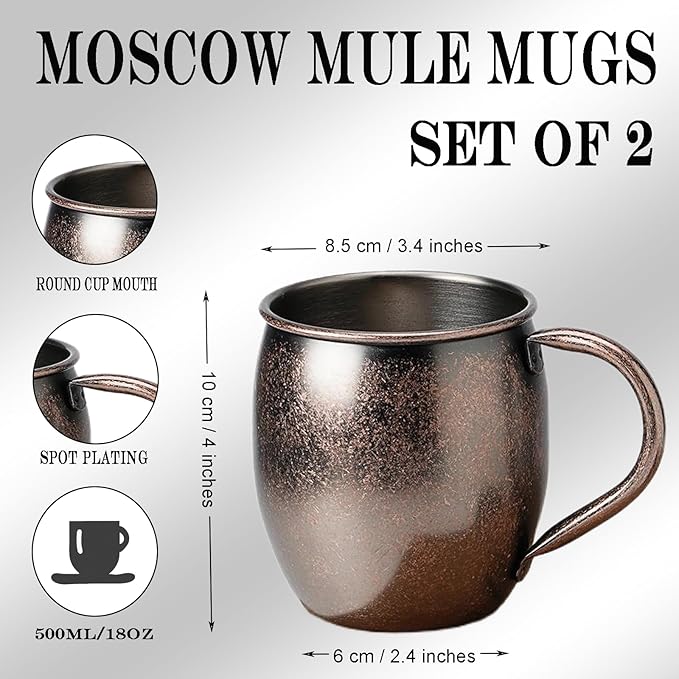 Moscow Mule MugsSet of 2-18 Oz Copper-Plated Fine Craftsmanship Etched Mugs,304 Stainless Steel-Lined Mule Cups,For Cold Drinks, Beer, Wine, Bars, Parties