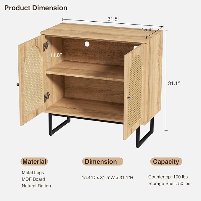 Storage Cabinet with 2 Arched Rattan Doors, Natural Style Rattan Sideboard Buffet Cabinet with Storage, Boho Entryway Table for Living/Dining Room, Kitchen, Hallway