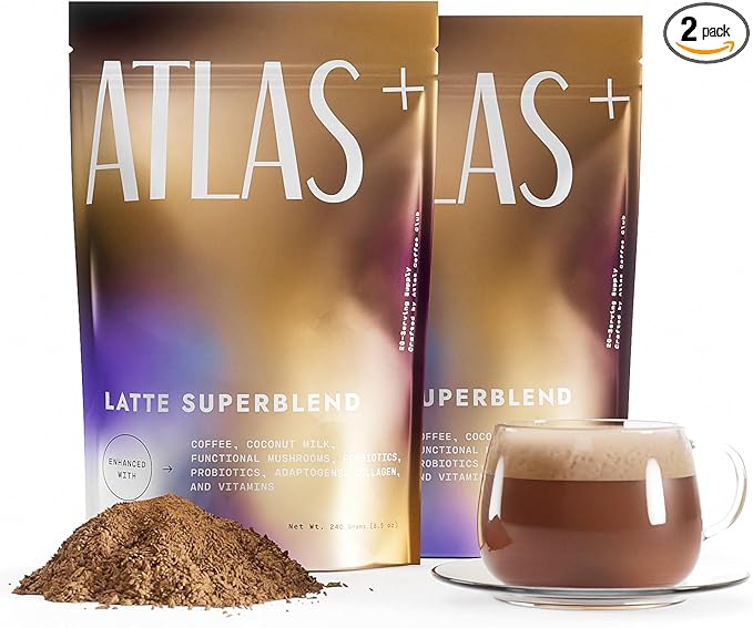 Atlas+ Latte Superblend– Premium Mushroom Coffee with Collagen, Probiotics, D3 & B12, Lion’s Mane, Reishi, Cordyceps, Coconut– for Energy, Focus, Immunity & Gut Health– 40 Servings (2 Bags)